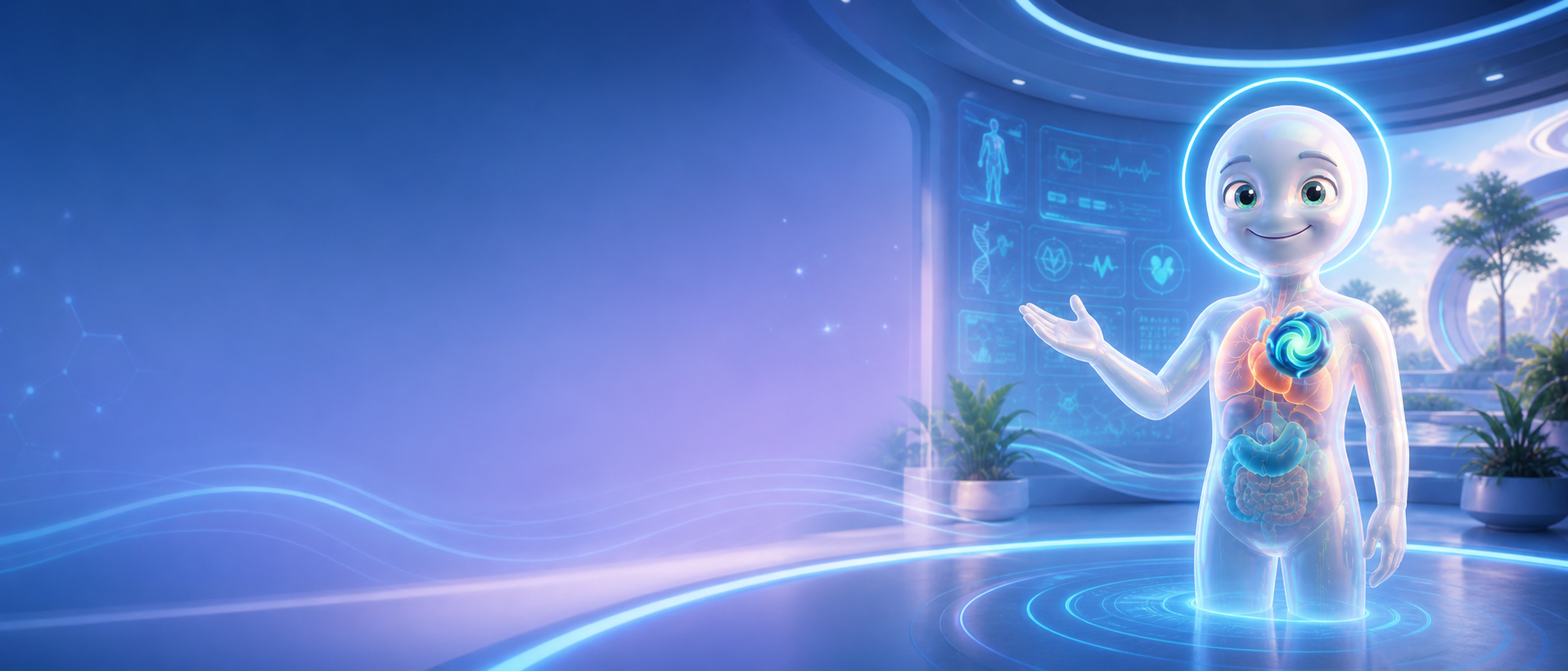 Buddy presenting BioBuddy's science-backed health approach in a futuristic medical environment